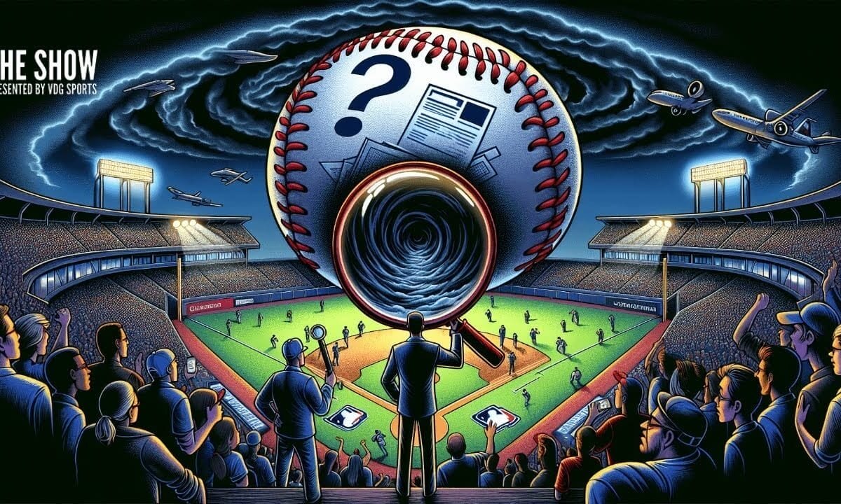 An illustration of a baseball stadium viewed from the stands at night during the MLB World Series. In the sky, a giant baseball with a question mark, newspaper, and eye dominates the scene. Planes circle around it as spectators hold mobile devices, capturing this unique event.