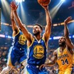 A basketball player in a blue Golden State Warriors jersey, number 33, leaps to shoot during one of the best NBA eras. Two opposing players in yellow and blue Cavaliers jerseys attempt to block. The packed arena glows with spectators and lights. A small inset shows another player.