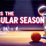 A basketball and trophy are on a court with ghostly figures of players, capturing the spirit of the NBA season. Large text reads "Is the Regular Season" in front of empty bleachers. The VDG Sports logo is in the top left corner.