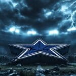 A large star logo sits at the center of a football stadium, home to a popular NFL team, surrounded by a packed audience. The sky is stormy with visible lightning. Stadium lights illuminate the scene. A circular logo with "VDG Sports" is in the top left corner.