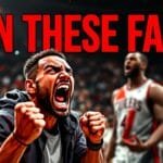 A man in the foreground with clenched fists and an open mouth appears to be shouting. Behind him are three men in basketball attire. As tensions rise, "BAN THESE FANS!" is prominently displayed at the top, suggesting the NBA could alter the actions of unruly spectators.