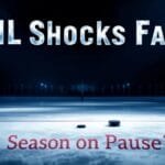 Text on an ice rink background reads: "NHL Takes Massive Risk" in large letters and "Season on Pause?!" below. The logo in the top left corner says "VDG Sports." A hockey puck is visible on the ice in the foreground.
