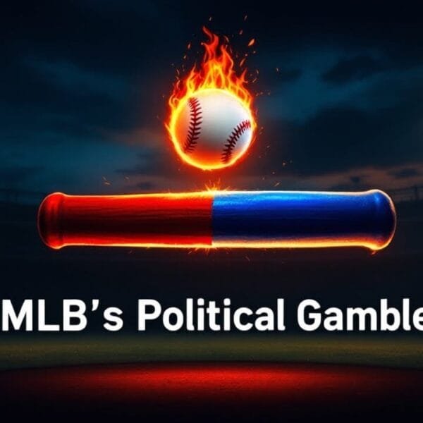 A baseball and a bat are digitally rendered against a dark stadium backdrop. The flaming baseball and the red-and-blue bat highlight the tension as MLB dares to be political. Text at the bottom reads "MLB’s Political Gamble," with the VDG Sports logo in the top left corner.
