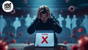 A person in a dimly lit room holds their head, sitting behind a calendar marked "Holiday" with a red X. The background features shadowy figures and floating virus particles, reflecting the stress of a football manager's decisions. A logo in the top left corner reads "VDG SPORTS.