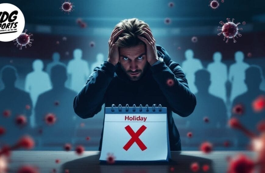 A person in a dimly lit room holds their head, sitting behind a calendar marked "Holiday" with a red X. The background features shadowy figures and floating virus particles, reflecting the stress of a football manager's decisions. A logo in the top left corner reads "VDG SPORTS.
