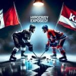 Hockey players in black and red uniforms face off at a cracked ice rink. NHL and KHL logos wave on opposing flags above them. The text "Hypocrisy Exposed!" is centered as a spotlight disrupts the NHL clash, adding to the tense atmosphere.