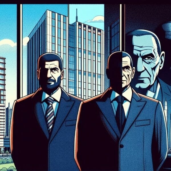 Illustration of four business-suited men with serious expressions standing in front of a cityscape and a conference room with men seated at a table. Reminiscent of FIFA presidents, the scene is framed by a logo reading "VDG Sports" in the top left corner.