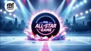 Graphic of the NHL All-Star Game logo on an ice rink, surrounded by glowing lights and a city skyline silhouette in the background. The logo features a large hockey puck design with streaks of light and icy shards.