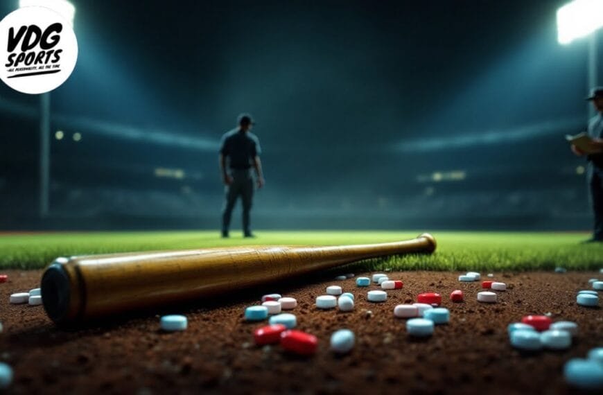 A wooden baseball bat rests on a field strewn with red and white pills, hinting at the ongoing MLB debate. Two blurred figures stand in the background under stadium lights, embodying the league's controversy. The VDG Sports logo is prominently displayed in the top left corner.