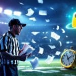 A football referee on the field shouts while holding papers, as sheets fly through the air. A golden whistle and stopwatch underscore the theme of sports and time. Stadium lights illuminate this NFL scene, where rules are paramount and every call could spark an instant replay review.