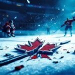 Hockey players in red uniforms glide across the ice rink, where a broken hockey stick and pieces of ice lay near a large maple leaf design. Bright arena lights illuminate this niche sport's scene, backed by the bustling spectator stands.