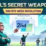 Illustration of a football coach watching a digital screen displaying "2nd" with a football icon. Players and cheering fans are in the stadium. The text reads, "NFL's Secret Weapon: 2nd Bye Week Revolution" with a logo "VDG Sports" in the corner.