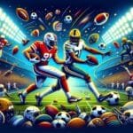 Illustration of two European football players in action on a lit field, surrounded by various sports balls, helmets, and cheering crowds. Bright stadium lights illuminate the scene. VDG Sports logo appears in the corner.