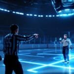 A futuristic ice hockey rink with neon blue lights. A referee in traditional black-and-white stripes is pointing, while another referee appears as a hologram. A player in a black-and-yellow jersey stands ready. VDG Sports logo is visible in the corner.