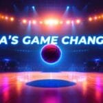 A dimly lit basketball court with colorful lights creates a dramatic atmosphere. The phrase "NBA'S GAME CHANGER?" glows boldly in neon above a glowing basketball, symbolizing the NBA's high-stakes risk and reward. The VDG Sports logo rests in the top left corner.