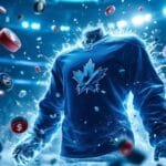 A dynamic illustration of a glowing blue NHL sweaters with a stylized maple leaf emblem floating mid-air, surrounded by spinning hockey pucks and currency symbols. The background is a vibrant ice rink with bright lights. The VDG Sports logo is visible in the top left corner.