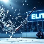 A hockey stick shatters a sheet of glass labeled “ELITISM” on an ice rink. Glass shards fly as NHL fanatics cheer from the crowd. Two hockey players sit on the bench, and the VDG Sports logo appears in the upper left corner.