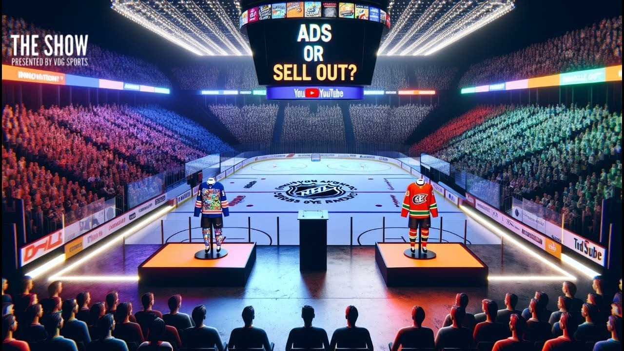 A brightly lit hockey arena is filled with a cheering crowd. Two hockey players in different team jerseys stand on platforms facing each other. A podium and large screen between them reads “ADS OR SELL OUT?” with YouTube and NHL logos. The atmosphere is dramatic and lively.