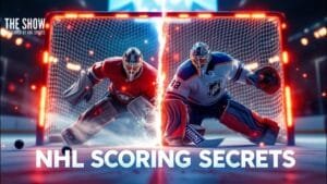 Two NHL goalies in full gear face off before a glowing goal, split by a bright vertical line. The left wears red, the right blue and white. "NHL SCORING SECRETS" hints at hypnotic scoring moves. Arena lights and "THE SHOW" logo shine above.