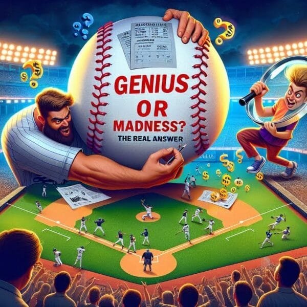 In a brightly lit MLB stadium, two cartoonish figures battle over an oversized baseball with "GENIUS OR MADNESS? THE REAL ANSWER" written on it. Spectators watch as symbols like question marks and dollar signs float—proof that MLB is the smartest sport.