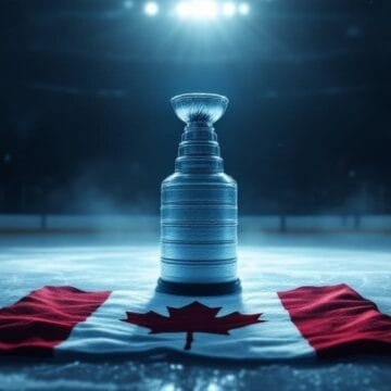 A silver hockey trophy sits on an ice rink illuminated by bright overhead lights, with a Canadian flag spread out beneath it. The rink is dark except for the spotlight on the trophy and flag. The VDG Sports logo appears in the top left corner.