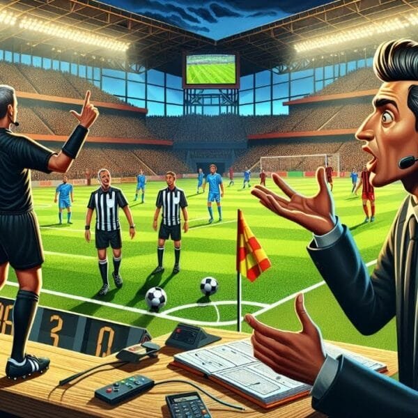 A dramatic soccer match is underway in a large stadium. As the referee signals and players prepare for a free kick, the competent commentator gestures beside notes, a microphone, and a scoreboard, analyzing every football problem unfolding on the pitch.