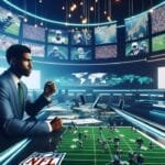 A man in a suit sits at a futuristic sports news desk with computer screens, football graphics, and NFL Neutral Site Games highlights. Behind him, walls of monitors show players, game footage, world maps, and the VDG Sports logo in the top left corner.