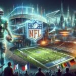 A futuristic stadium glows with neon lights as a giant holographic NFL player and logo dominate the scene. Fans share best NFL advice while waving flags, as players compete on a brightly lit field beneath sleek, modern skyscrapers.