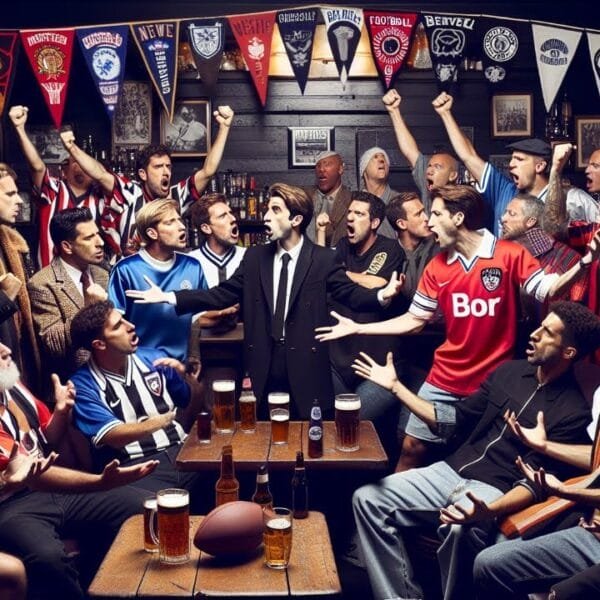 A lively pub scene with people in various football jerseys passionately debating around tables with glasses of beer. The group spans the room, with some standing and others sitting. Sports banners hang on the walls above them.
