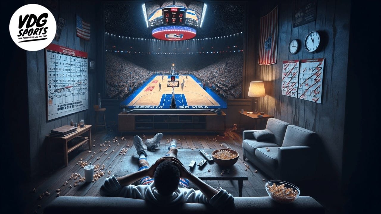 A person reclines on a couch in a dimly lit room, watching an NBA game on a large screen. The room is cluttered with popcorn, and sports memorabilia adorns the walls, including nods to some of the NBA's most hated players. A warm lamp glows beside the couch, contrasting with the illuminated court on the screen.