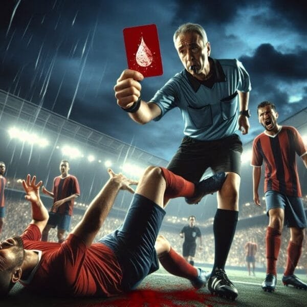 A referee shows a blood card with a blood drop symbol to a fallen soccer player lying on a rainy field. The player holds his head in pain as teammates in red and blue react in shock under stadium lights. The VDG Sports logo is in the top left corner.