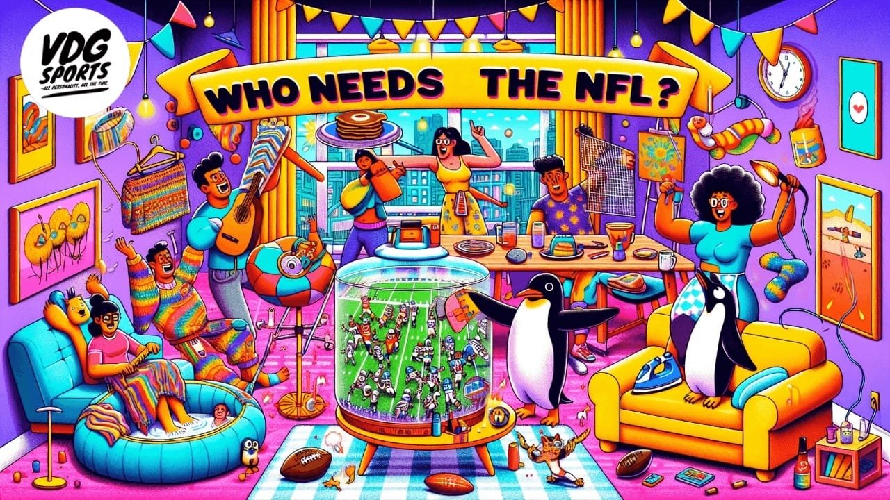 A colorful cartoon shows friends at a lively indoor party with snacks, games, dancing, and music. Ignoring the NFL, they enjoy a tabletop football game with penguins instead of watching TV. The scene is playful, cozy, and festive.