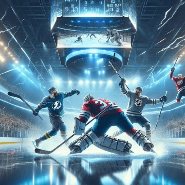 Hockey players in action on an ice rink, executing NHL strategies under bright spotlights. A goalie in red gear diligently guards the net, while opponents in black and blue jerseys fiercely compete for the puck. A scoreboard and an electrified crowd paint the intense backdrop.