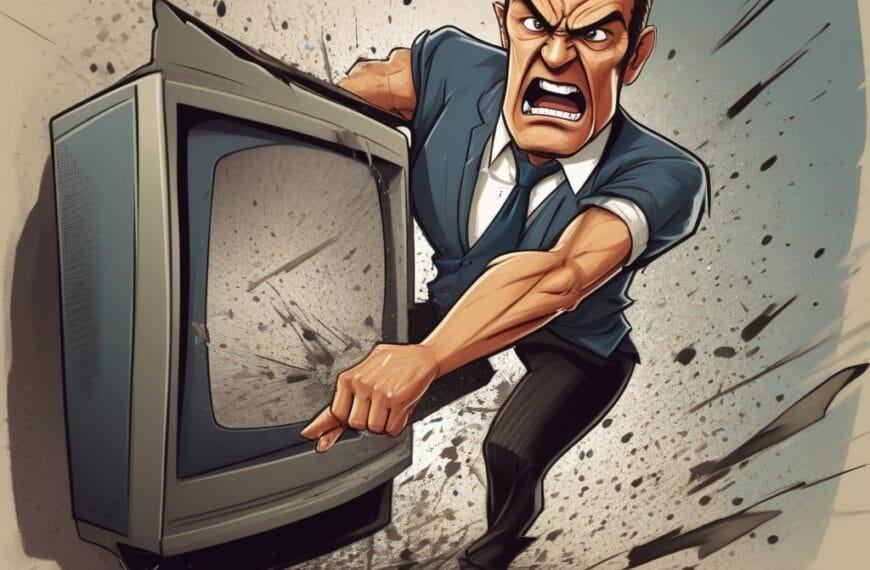 An animated man aggressively smashing a television set during aggressive sports commentary.