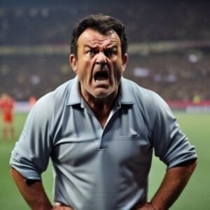 Sports personalities with surprised expressions standing on a soccer field.