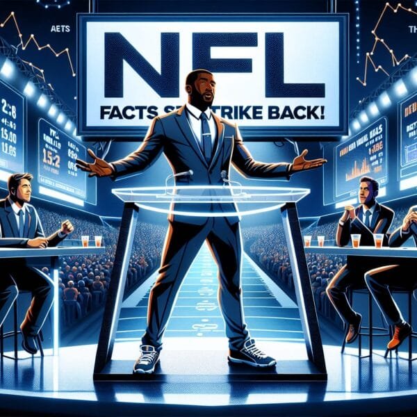 A man hosting a dynamic game show titled "NFL Facts Strike Back," separating fact from fiction with contestants and large digital scoreboards displaying statistics in a futuristic studio setting.