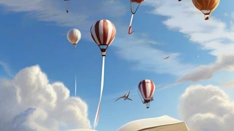 An open book with hot air balloons, representing a sports team selection, rising from the pages into a cloudy sky.