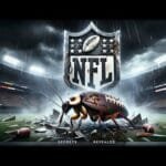 An imaginative graphic of a mechanical cockroach with an NFL manages logo breaking through a football field under stormy skies -- the NFL resilience