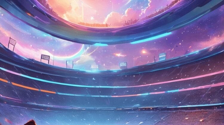 A futuristic stadium filled with sports fandom, watching a game, with a large, vibrant alien planet visible in the sky above.