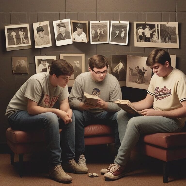 Three people sit immersed in their books, surrounded by vintage baseball photos on a wall, each image capturing the iconic eras of MLB with timeless grace.