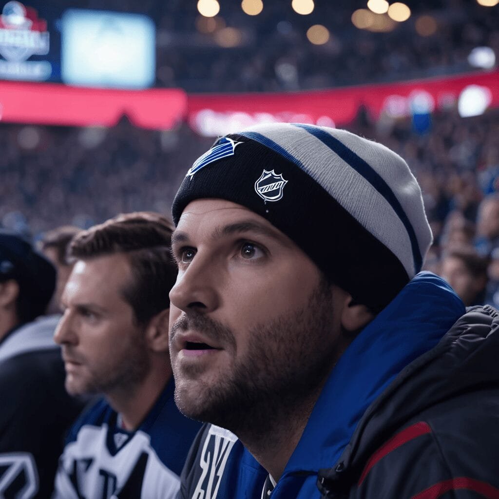 A man wearing a beanie with a hockey team logo watches the game intently from the stands, his focus unwavering. In the background, another man is equally engrossed in the action, making it clear that for these fans, MLS vs NHL is not even a question.
