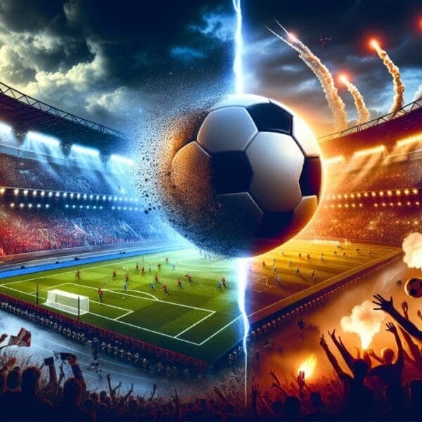 An MLS soccer ball splits the image of a stadium into two contrasting sides, one in daylight and the other under night skies with fireworks. Crowds in the foreground cheer energetically. The "VDG Sports" logo and Major League Soccer branding are visible.