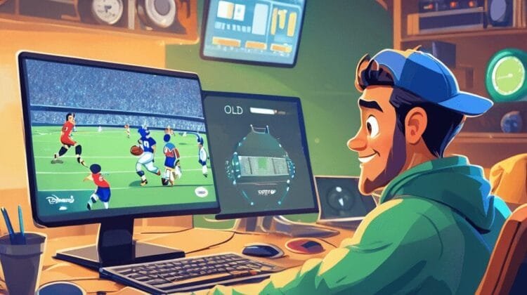A person in a green hoodie and cap watches a soccer game on a computer screen in a cluttered, tech-filled room, highlighting the marvels of sports technology.