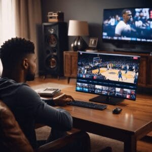 A man is sitting at a desk watching a basketball game on a computer monitor, immersing himself in NBA player analysis, with another game playing on a TV in the background. The room features speakers and neutral decor.