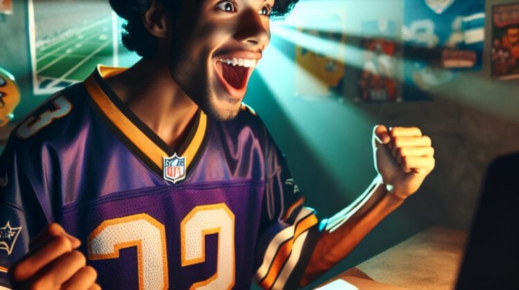 A person wearing a football jersey cheers excitedly in front of a laptop while watching an NFL game. The room, adorned with sports posters and memorabilia, captures the essence of modern football fervor.
