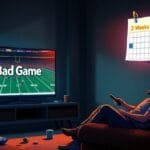 A person with a flexible schedule sits on the couch, watching an NFL game labeled "Bad Game" on TV. The calendar in the background marks "2 Weeks Notice.