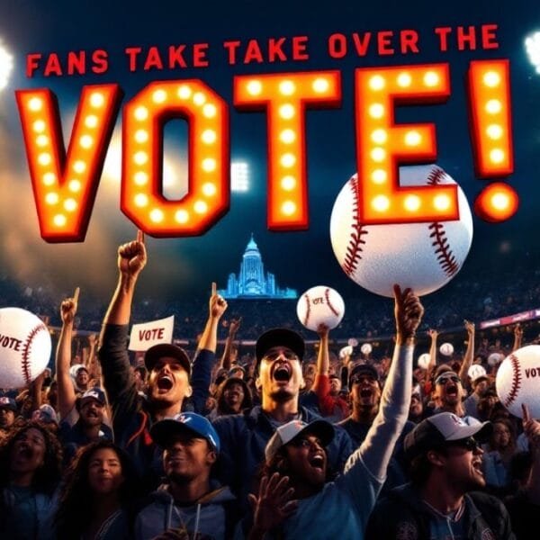 A stadium filled with cheering fans, some clutching baseballs. Large illuminated text reads "FANS TAKE OVER THE VOTE!" The VDG Sports logo graces the top left beneath a night sky, evoking the thrill reminiscent of MLB history and dreams of the Baseball Hall of Fame.