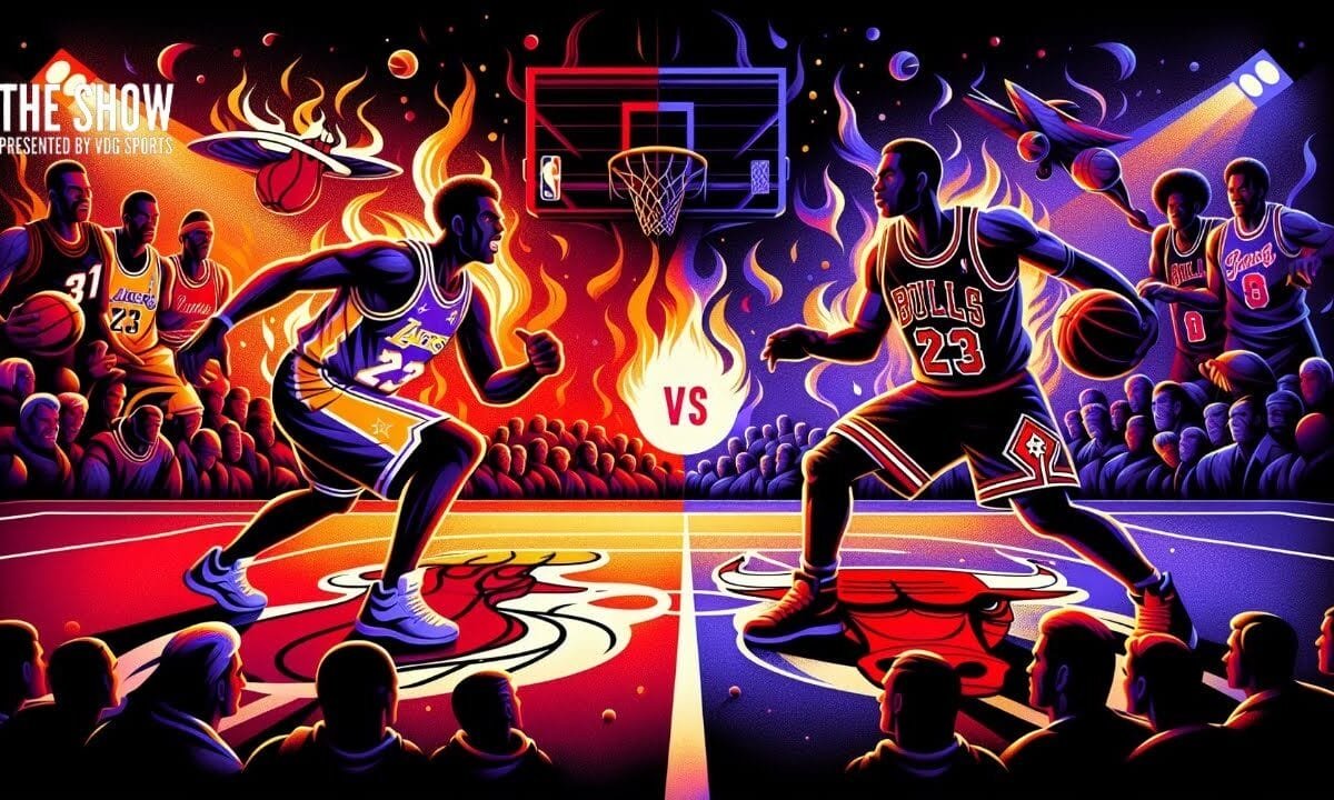 Illustrated basketball scene featuring two players in Lakers and Bulls jerseys on a court with a flaming backdrop. Audience silhouettes watch the action. Bold "VS" in the center emphasizes the competitive theme.