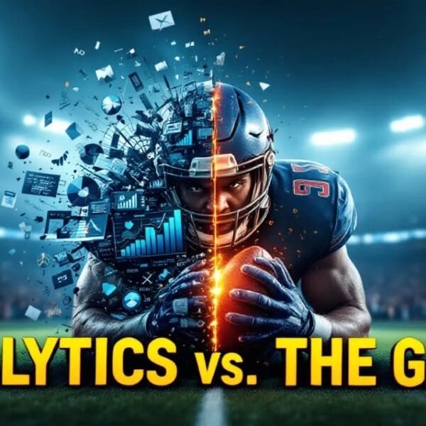 A football player stands at the heart of a stadium, visually split in two; one half showcases him in a uniform, the other features NFL analytics charts. Text reads "Analytics vs. The Game." Stadium lights blaze down, highlighting the intersection of strategy and winning on the field.