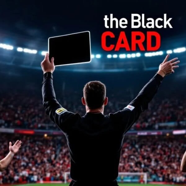 A referee stands with arms raised, holding the black card high in a stadium. Two soccer players react; one appears frustrated, and the other clasps his hands together. "The Black CARD" is prominently displayed in the upper right, with the VDG Sports logo in the upper left.